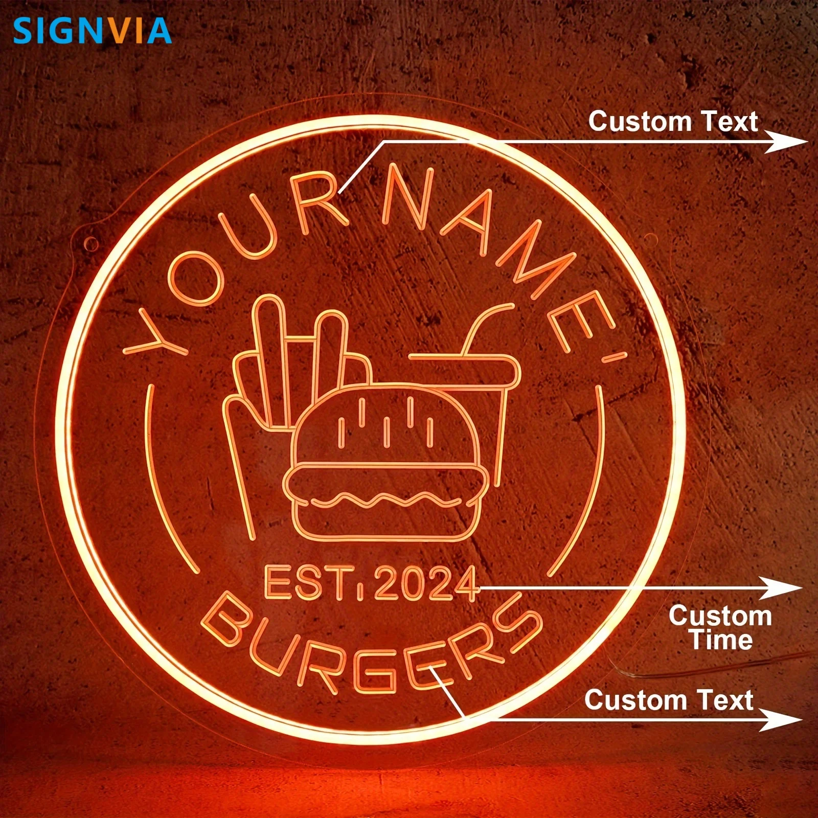 Konfigurowalny neon z Twoim imieniem Hamburger z motywem kaktusa Burger Dekoracja ścienna LED zasilana przez USB Łatwe zawieszenie do restauracji biznesowej