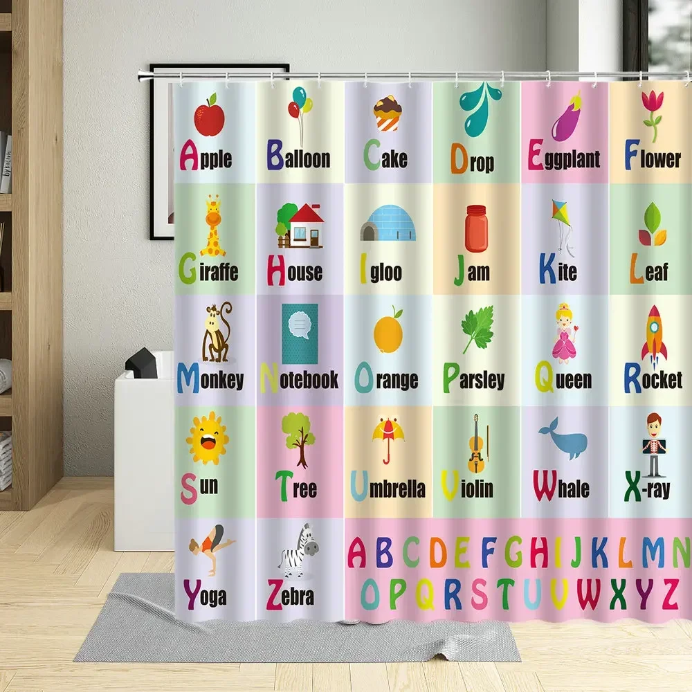 Cartoons Shower Curtains Kids Alphabet English Animals Learn Pattern Childs Bathroom Decor Polyester Cloth Hanging Curtain Sets