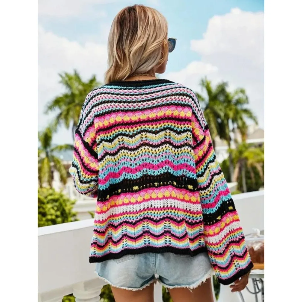 Women Striped Loose Long Sleeve Sweater Casual Daily Office Work Resort Wear Oversized Fit Chic Minimalist Autumn Winter New