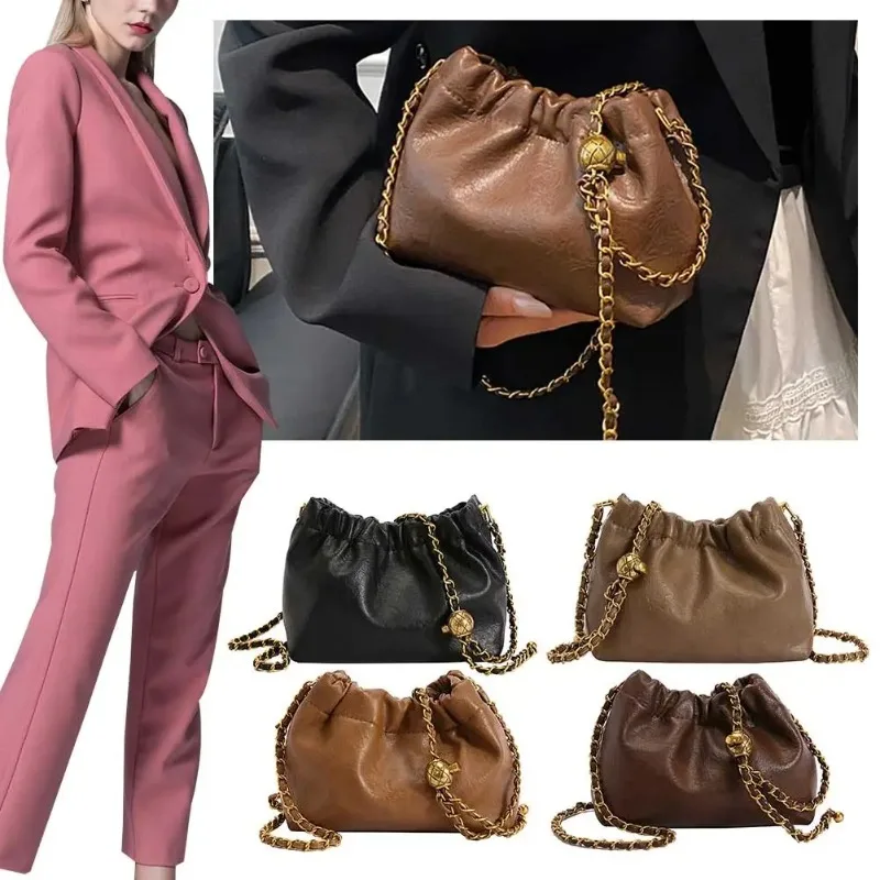 Women's Crossbody Tote Bag PU Leather Hobo Bag Fashionable Retro Bucket Bag Korean High-End Chain Crossbody Bag image 3