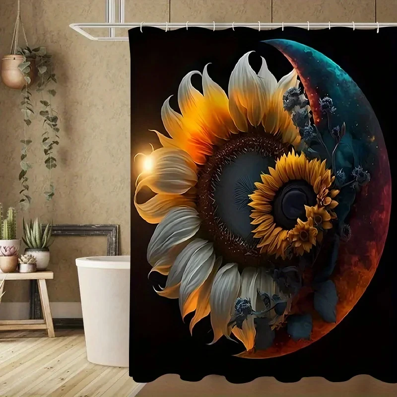 4pcs Space Moon Sunflower Shower Curtain Set with 12 Hooks - Vibrant Polyester Design, Black Background with Golden Sunflowe