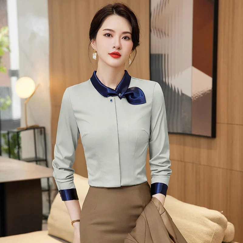 NAVIU Bow Lace Chiffon Shirt for Women Long Sleeve Professional Blouse White Professional Office Lady Work Tops Gray