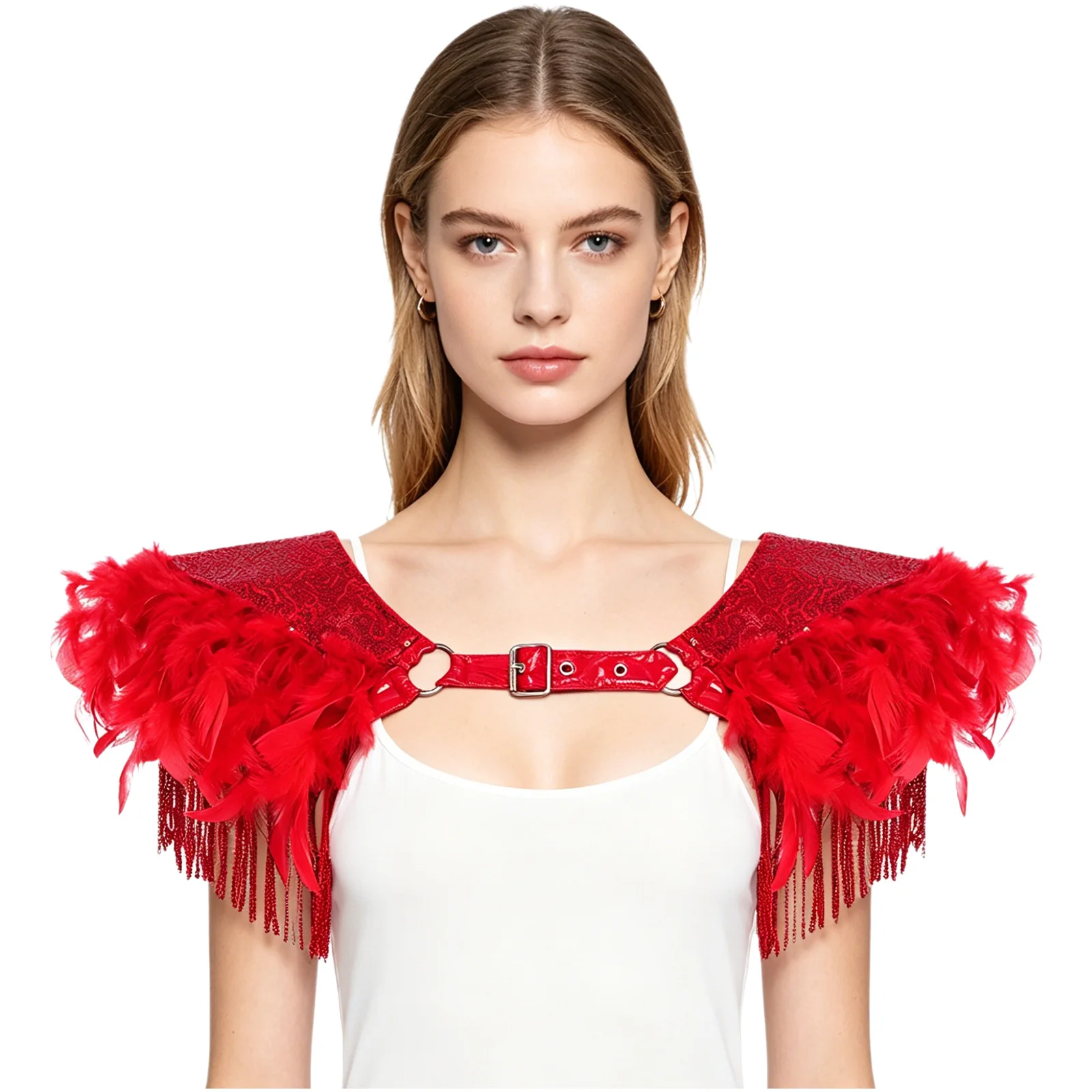 Mens Womens Fringe Feather Harness Festival Cosplay Costume Medieval Gothic Armor Sequined Epaulet Shrug with Tassel