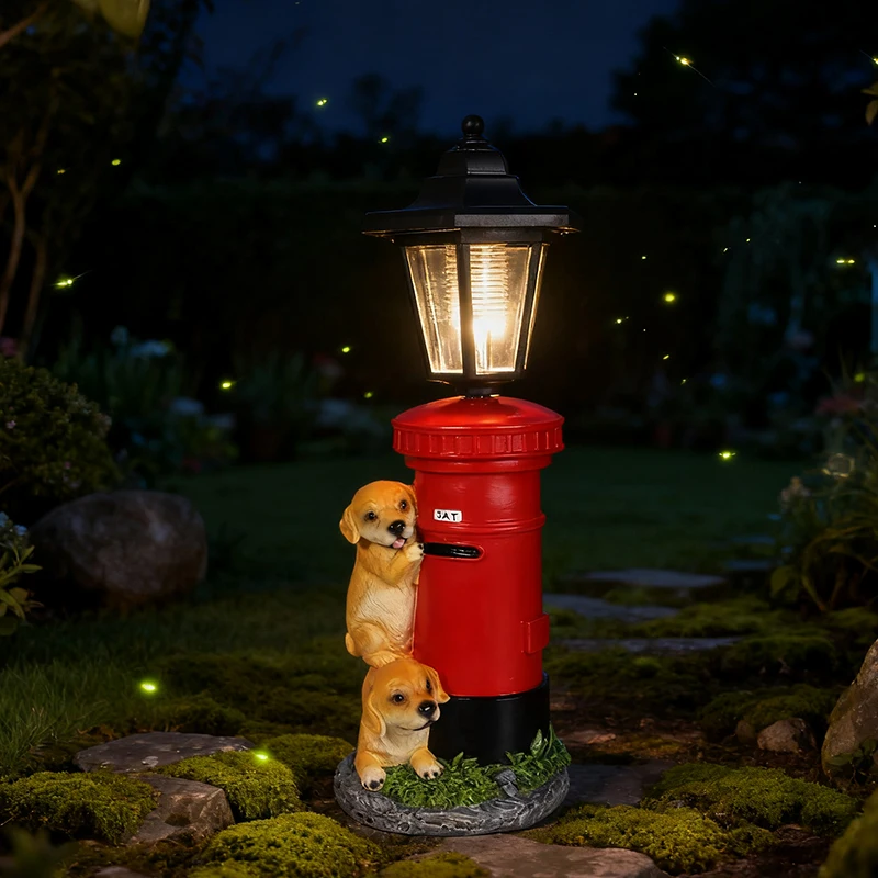 Solar Hexagonal Light with Dog Lying on Mailbox Sculpture Home Garden, Courtyard, Pathway, and Entrance Decorative Light Fixture