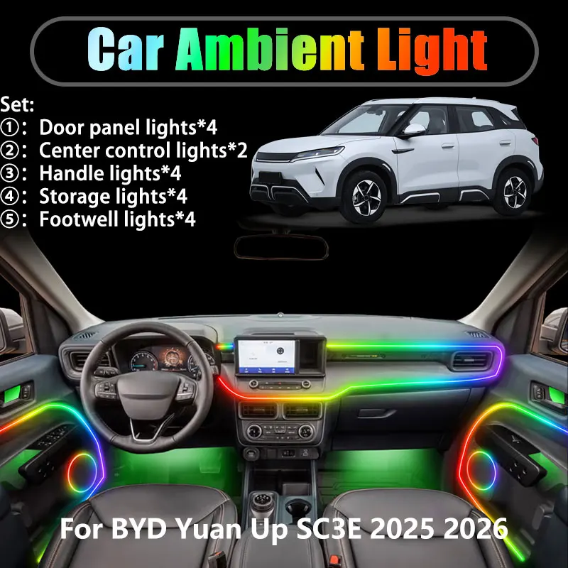

Для BYD Yuan Up SC3E 2025 2026 Atto 2 SUV 2/18 в 1 Автомобильное окружающее освещение Светодиодные внутренние светодиодные фонари багажника USB RGB Ensemble Streamer