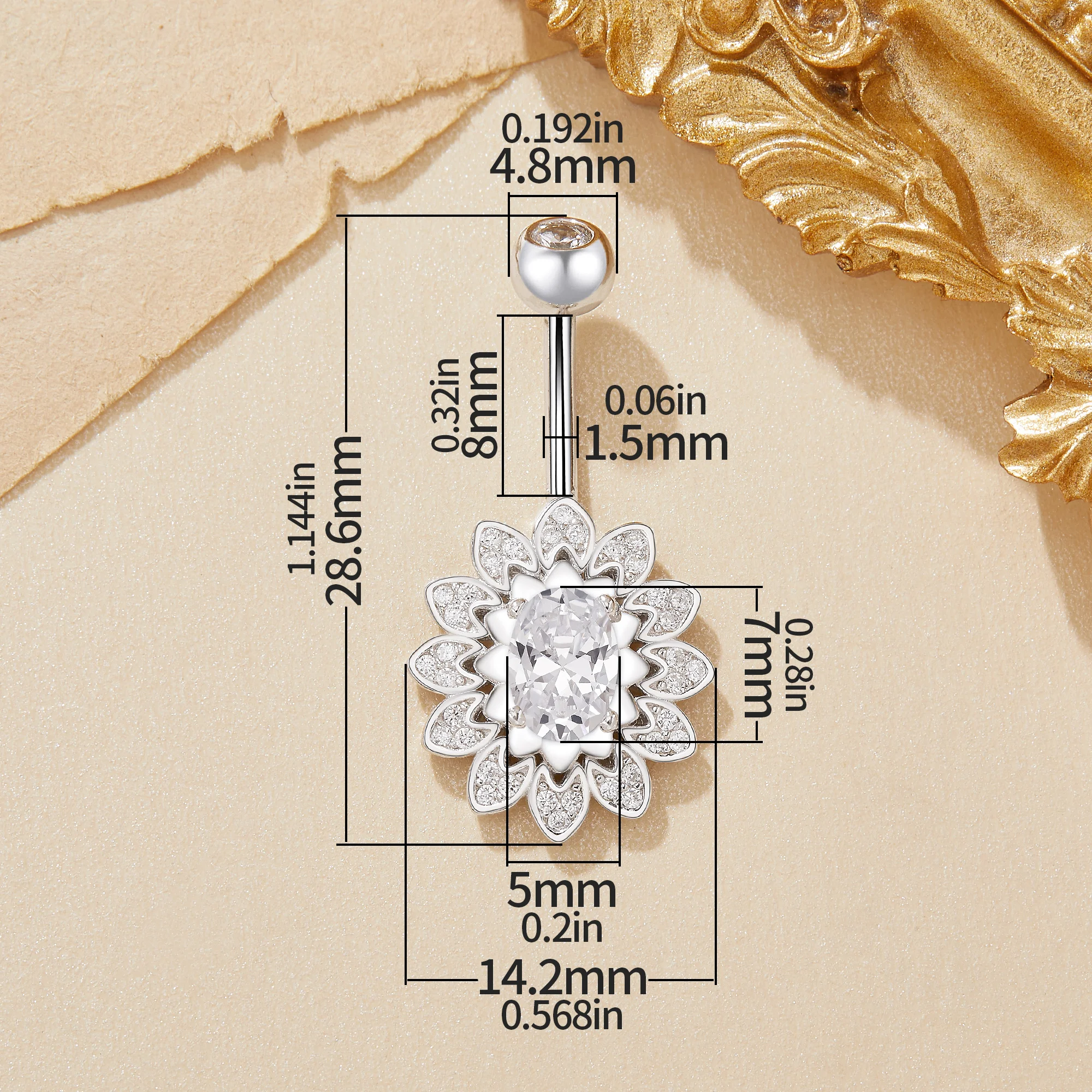 Halo Oval Flowers Solid 925 Sterling Silver Belly Button Ring Belly Piercing Navel Bar Curved Barbell Navel Ring 6720002