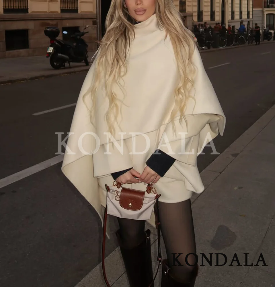 เสื้อคลุมผ้าคลุมไหล่สีเบจแบบหรูหราของ KONDALA เสื้อคลุมผ้าผสมสำหรับผู้หญิง มีกระเป๋า เสื้อคลุมทรงหลวม สไตล์เคป แฟชั่นฤดูใบไม้ร่วง-ฤดูหนาว 2026 เสื้อคลุมผู้หญิงสไตล์ไฮสตรีทสุดอินเทรนด์