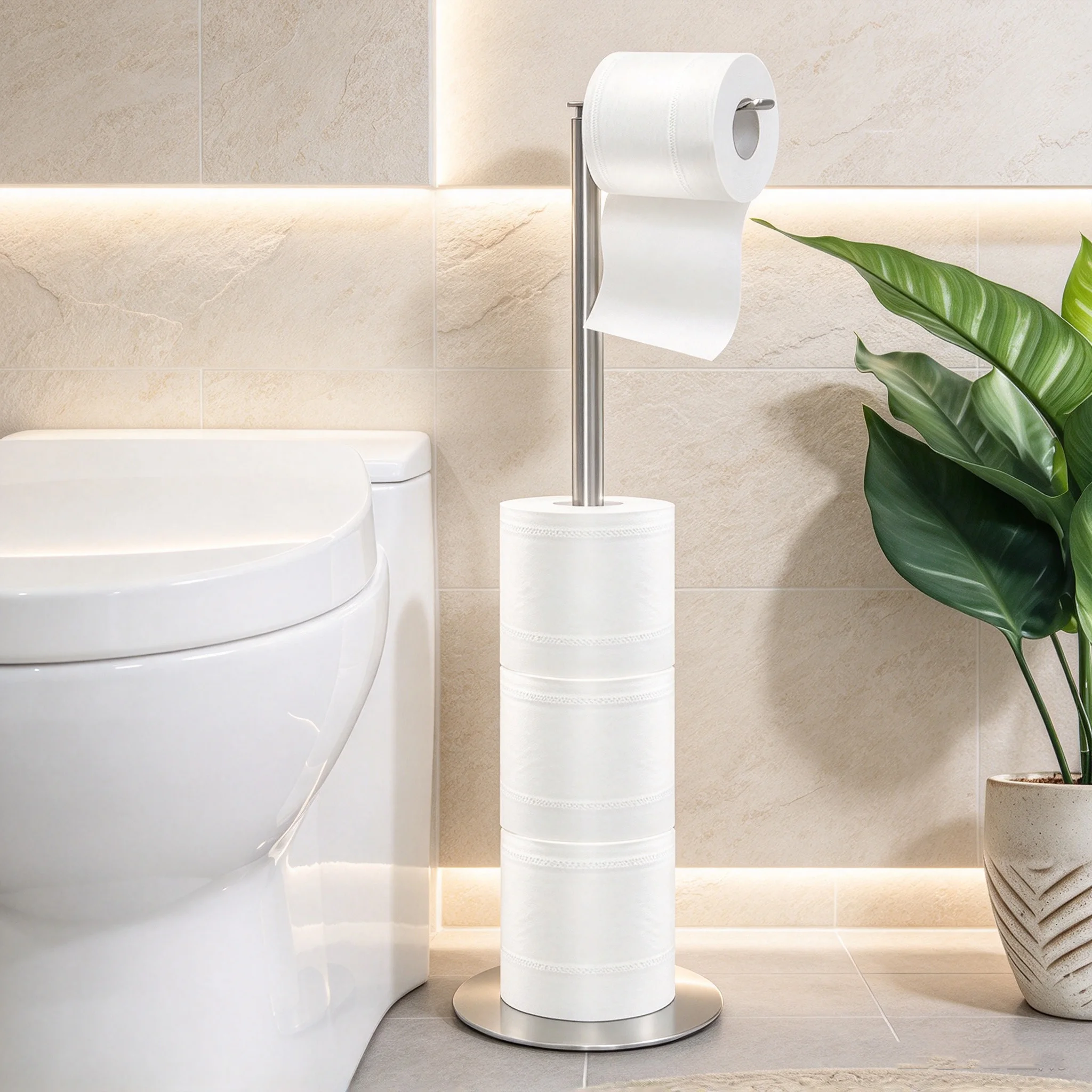 Brushed Stainless Steel Freestanding Toilet Paper Holder, Floor Standing Bathroom Tissue Roll Holder with Spare Storage