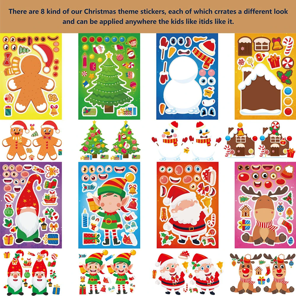 8/16Sheets Cute Christmas Snowman Elk Puzzle Stickers Make a Face Children DIY Toys Assemble Jigsaw Game Party Favor Kids Gifts