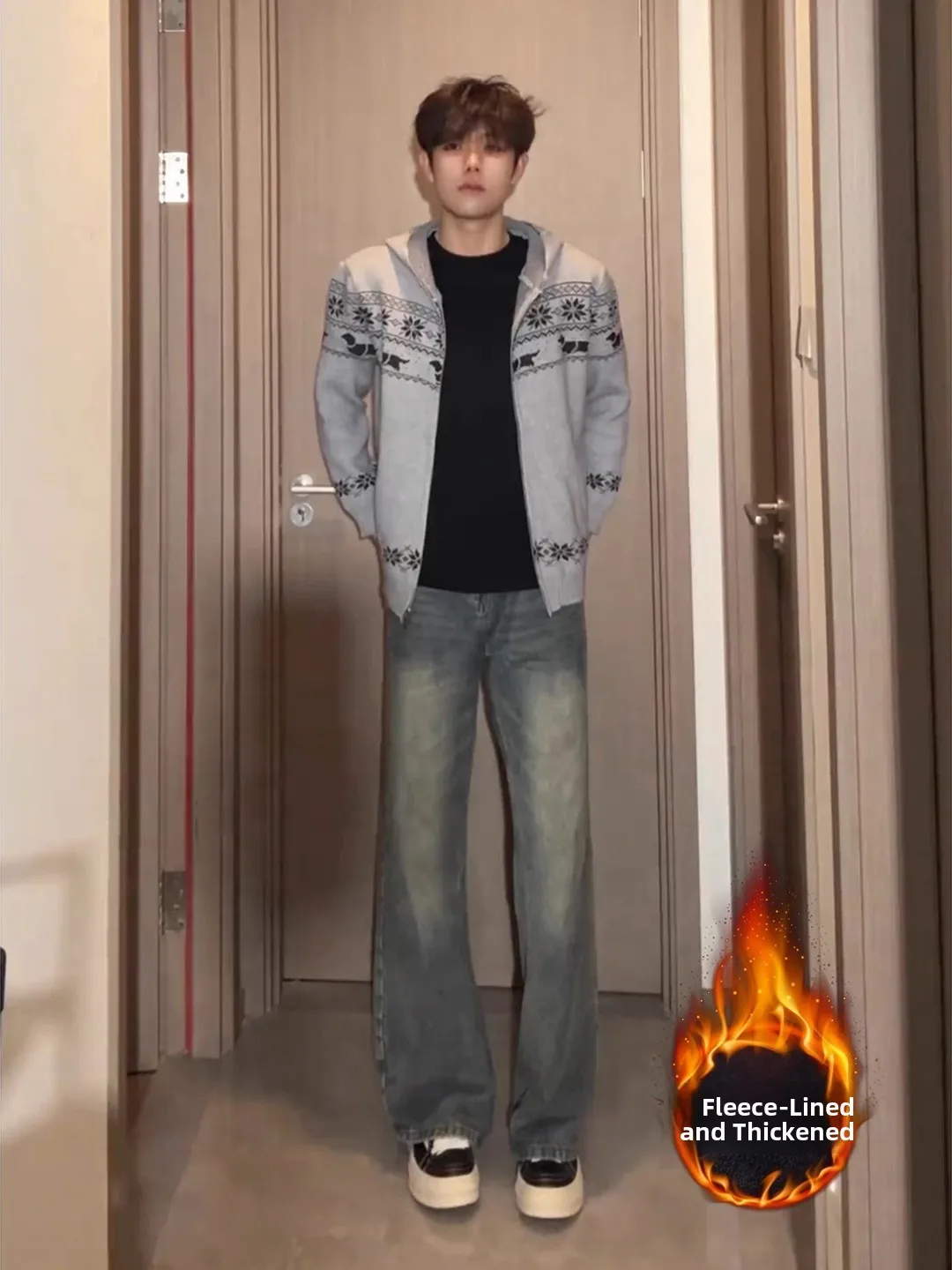 

Мужские джинсы с синей флисовой подкладкой в американском ретро-стиле, прямые брюки с эффектом удлинения и стройности, расклешенные брюки для зимы