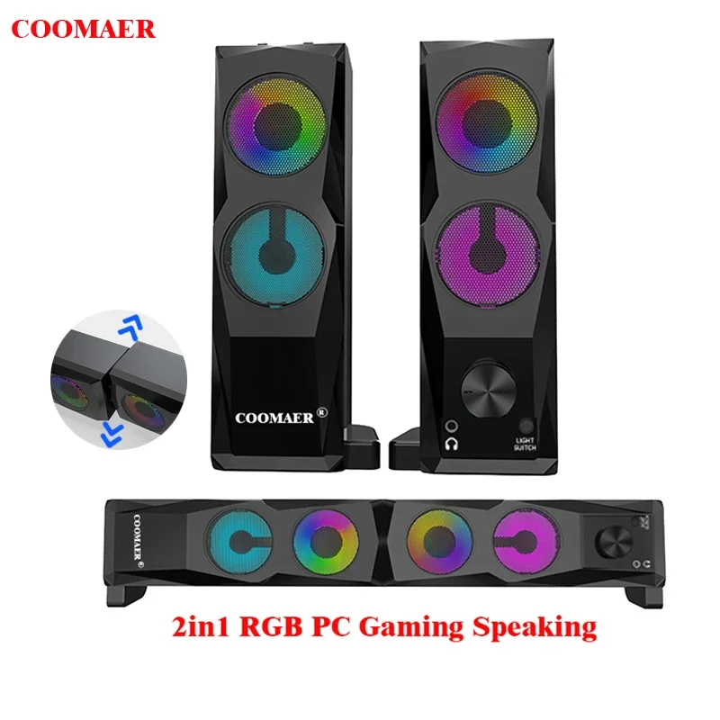 

COOMAER 2in1 PC Gaming Speakers Anvil Aux 3.5mm USB Stereo 2.0 Subwoofer Soundbar For Laptop Smartphones Desktop Computer Player
