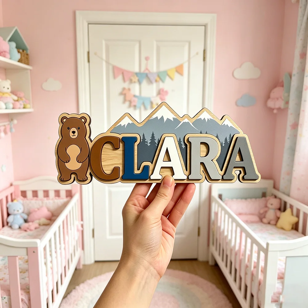 Custom Bear & Mountain Kids Name Sign for The Dearest Baby, Cute Adventure Wooden Nursery Door Plaque