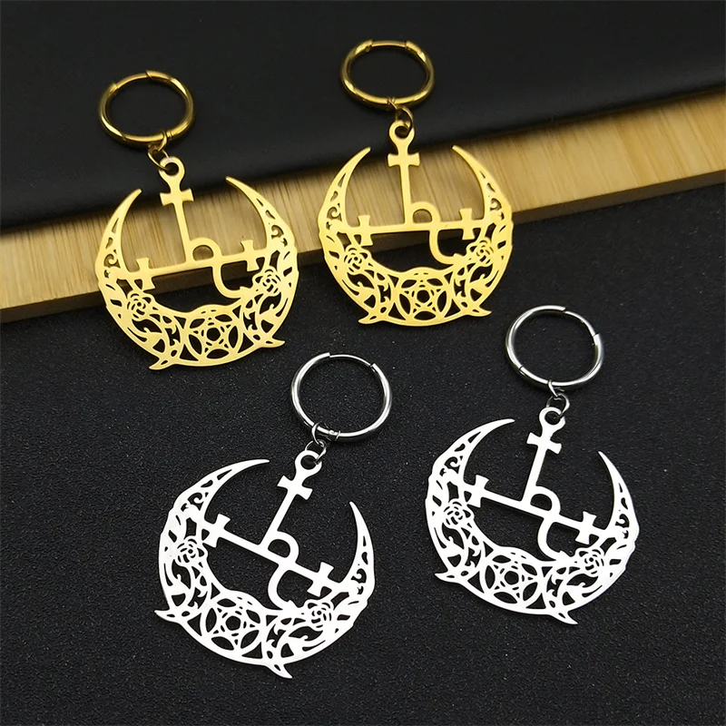 Wicca Triple Moon Crescent Pentagram Hoop Earrings For Women Men Stainless Steel Gold Color Satan Lilith Drop Earrings Jewelry