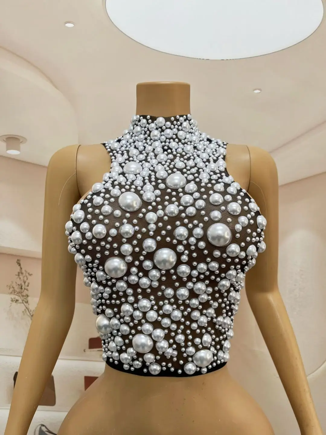 Sexy Sleeveless See Through Pearl Vest Tops Plus Size Women Bodycon Club Party Short Tank Tops DJ Singer Corset Festival Outfits