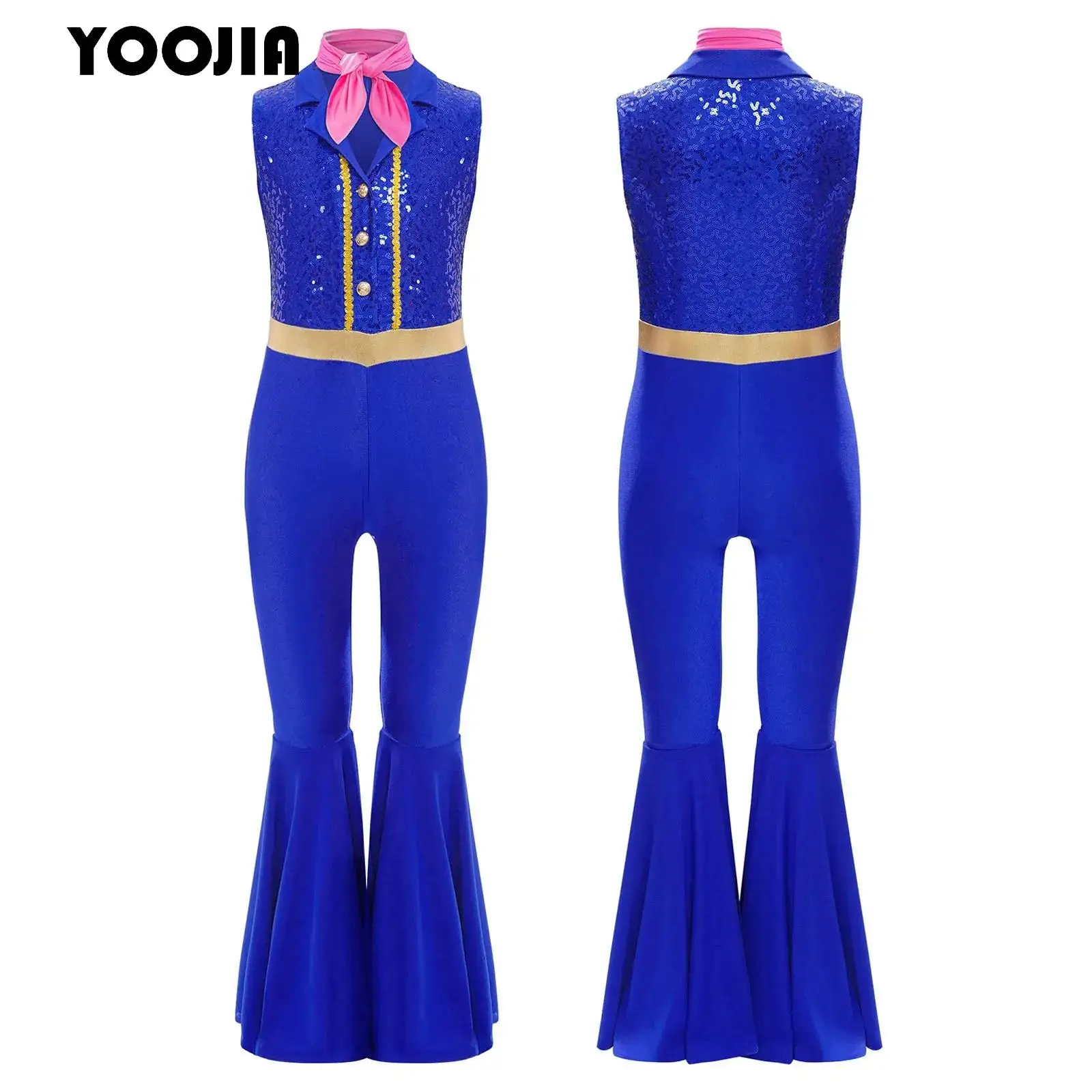

Shiny Halloween 70S Disco Vintage Jumpsuit for Kid Girl Sequins Lapel Collar Bell-Bottom Hippie Costume Jazz Dance Disco Outfit