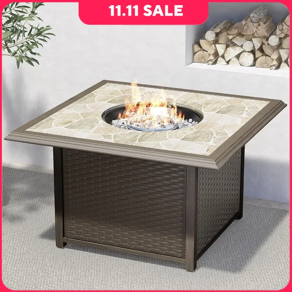 Propane Gas Fire Pit Table Wicker Base, Marble-Texture Ceramic Tile Top, Outdoor 41 Inch Square Propane Gas Fire Pit