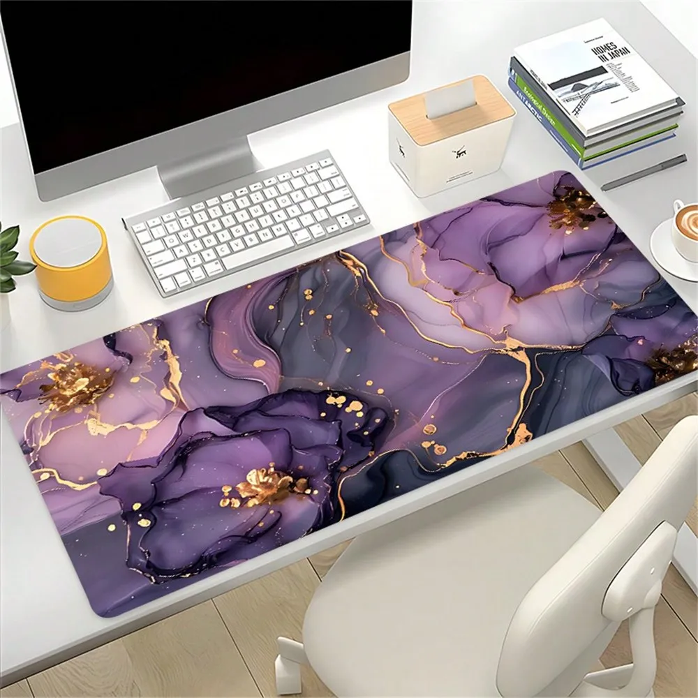 Purple Golden Marble Mouse Pad HD Large Desk Mat With Nature Non-Slip Rubber Base Stitched Edges Desk Pad Keyboard Pad 35.4X15.7in, For Work Game Office Home