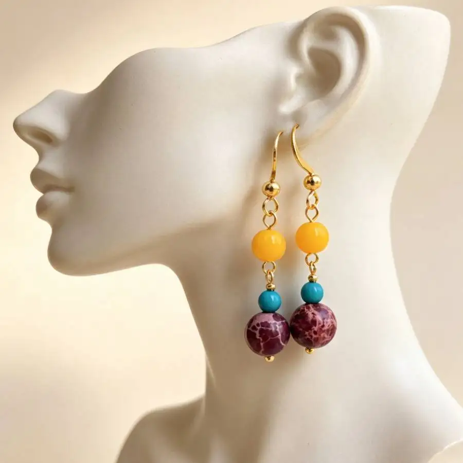 Ethnic Handmade Purple Cracked Stone Amber Turquoise Drop Earrings Gold Hook Bohemian Dangle Earrings Women Fashion Jewelry