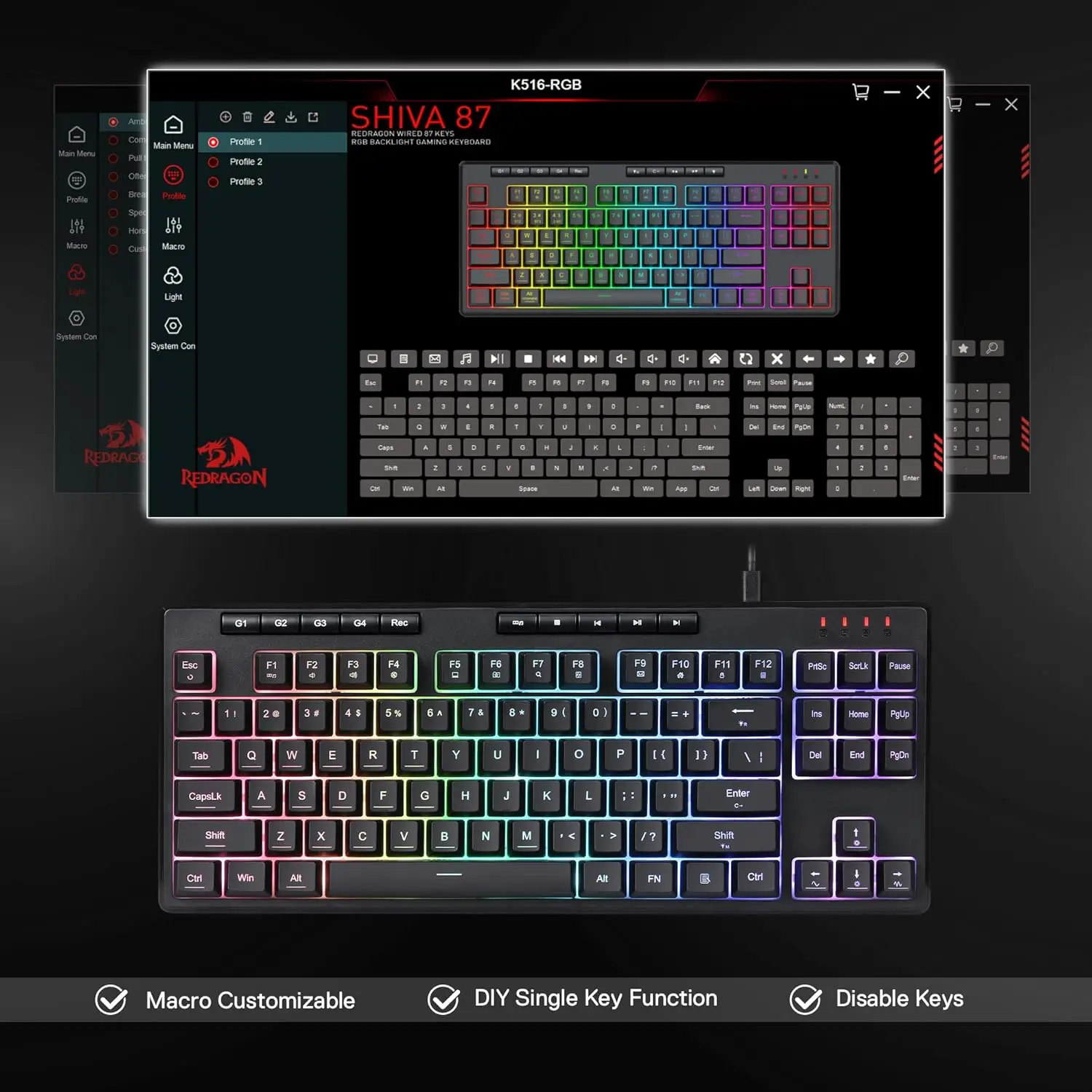 Redragon K516 Shiva TKL com fio RGB Membrana Gaming 87 teclas Teclado de sensação mecânica, interruptor linear suave