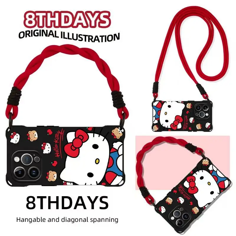 

Sanrio Hello Kitty Phone Case Cartoon ins Stickers illustration Girl Four Corners Lanyard for Apple 16pro phone Case iPhone15/14