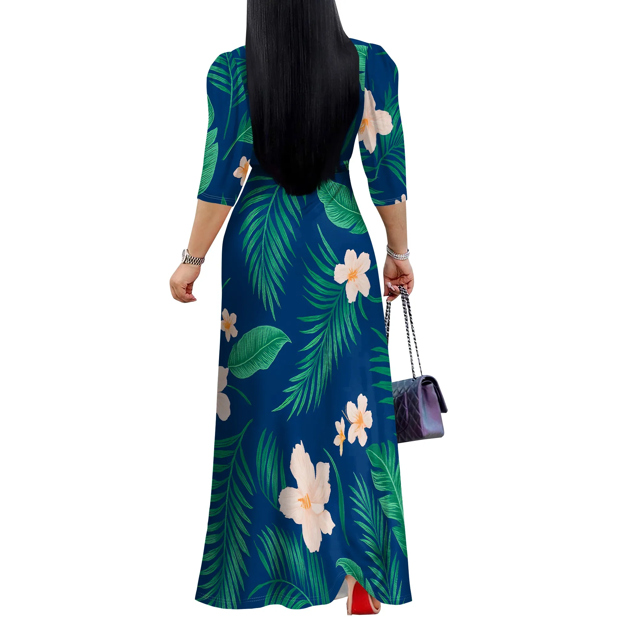 ผู้หญิง V คอ Maxi ชุด Ruffles 3/4 Sleeve ชุดเดรสดอกไม้งานแต่งงาน Sundress กับเข็มขัด