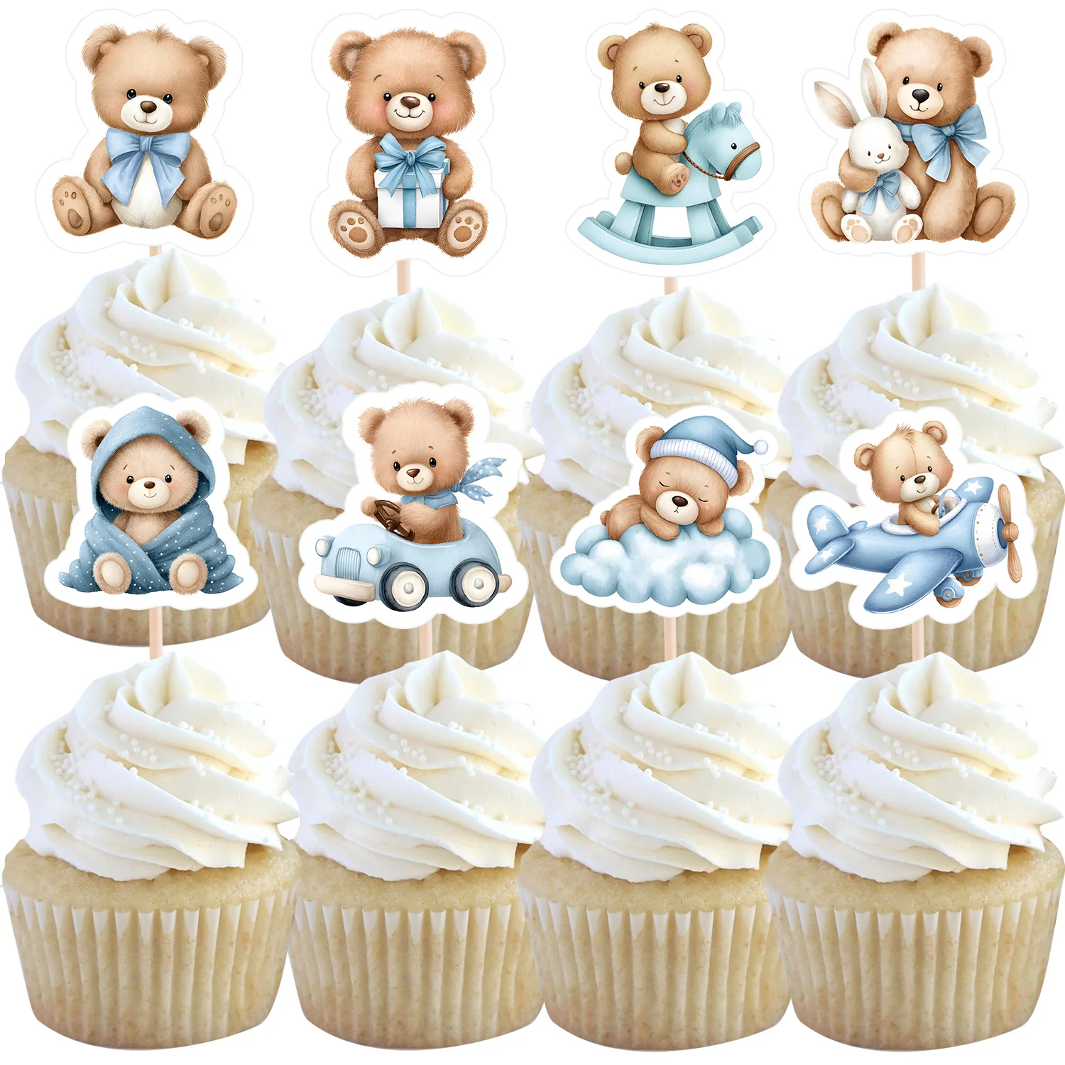 32-teiliges Set Cartoon Blauer Bär Topper, Multi-Bären-Deko für Bären-Themen-Geburtstagsfeiern, DIY Cupcake-Dekorationszubehör
