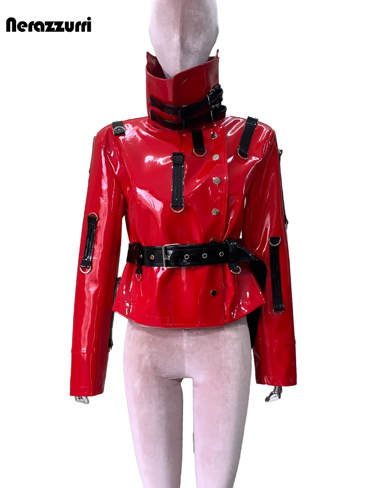 Nerazzurri otoño corto rojo y negro Patchwork brillante reflectante Pu chaqueta de cuero mujeres diseñador de lujo Emo ropa de calle moda