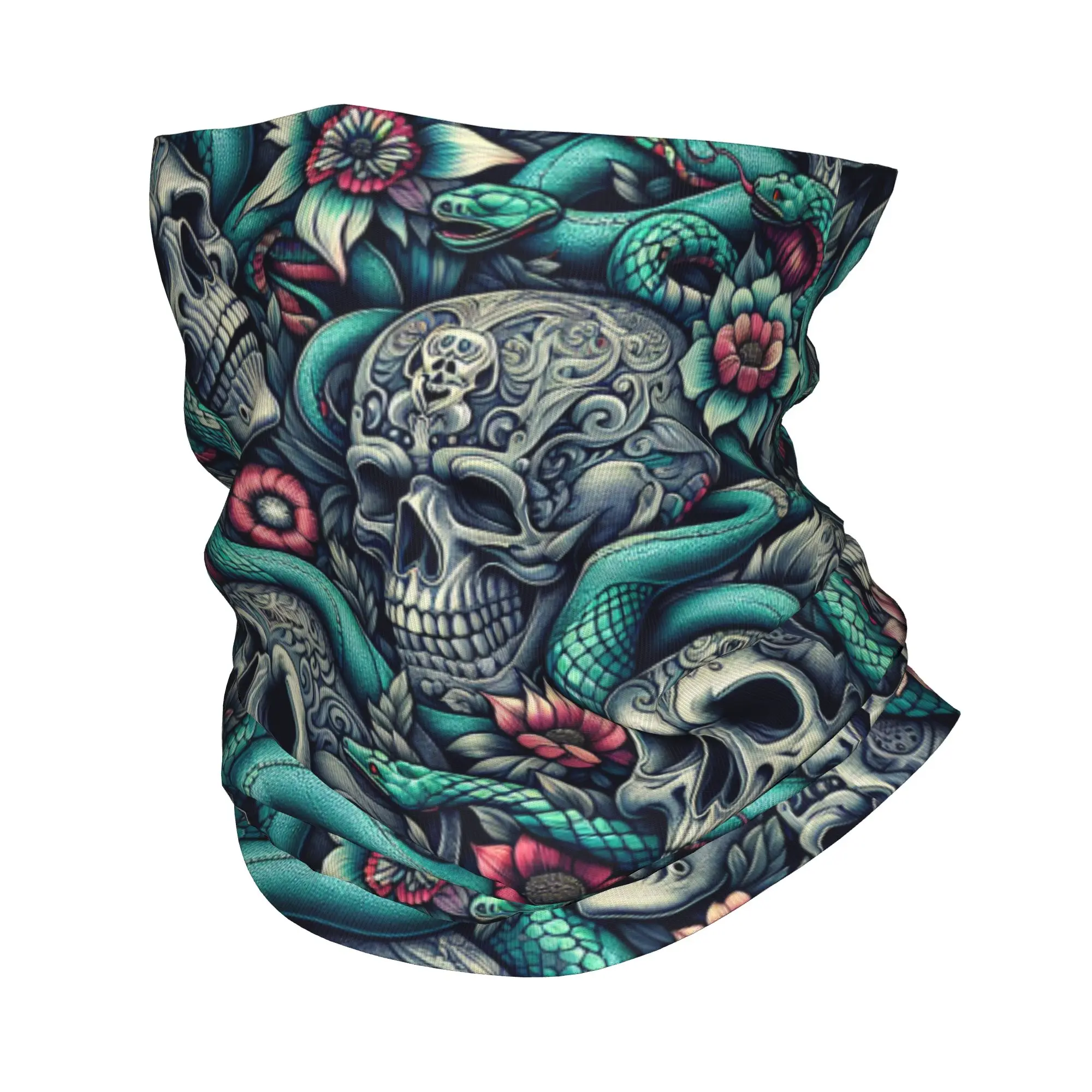 Gothic Skulls Snakes And Flowers Pattern Bandana Winter Neck Warmer Men Windproof Wrap Face Scarf for Hiking  Gaiter Headband