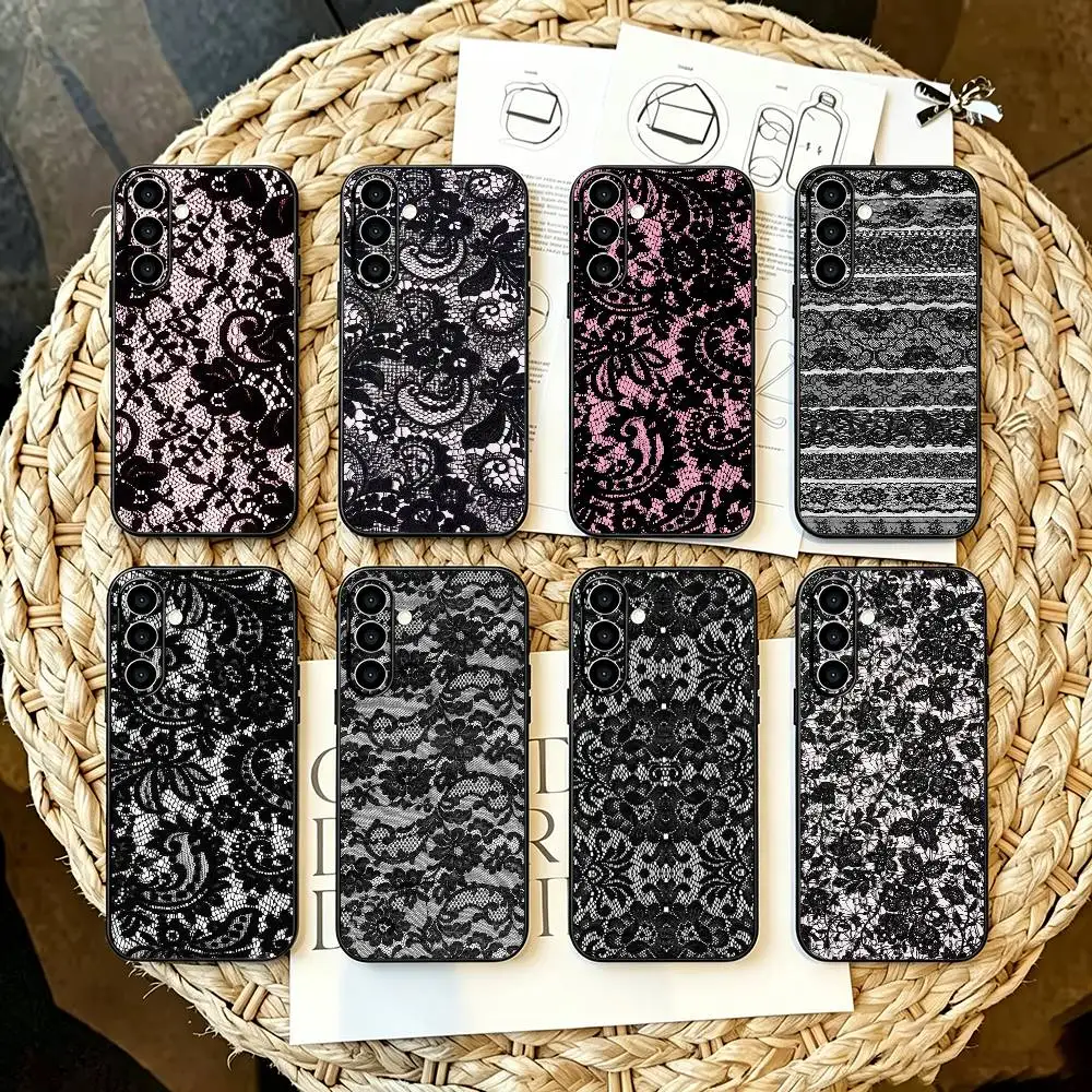 black lace pattern For Samsung Galaxy A55 A35 A15 A54 A24 4G A14 A53 A33 A23 5G A52s A42 A32 A71 A51 A21s A50 A30
