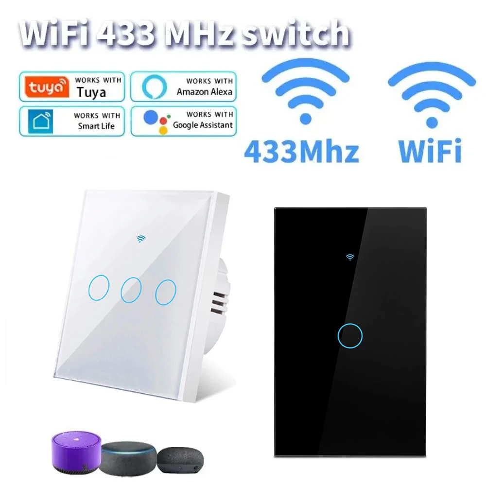 

Работа с Tuya WIFI Smart Switch Light Wall США/ЕС Стеклянная сенсорная панель Голосовой беспроводной пульт дистанционного управления от Alexa Google Home