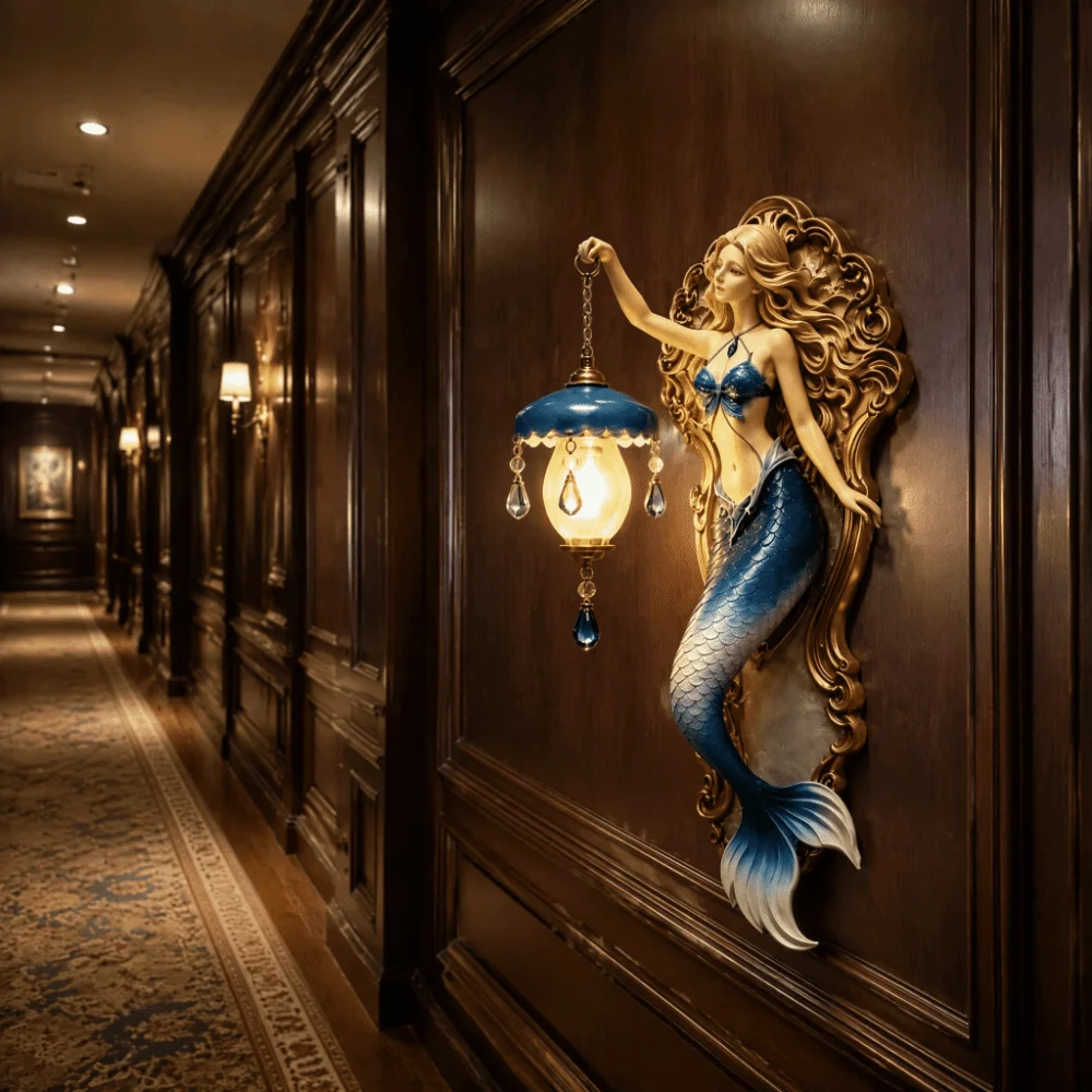 Resin Material Mermaid Wall Lamp Crystal Pendant Soft Ambient Light Resin Wall Lamp Ocean Style Mermaid Design