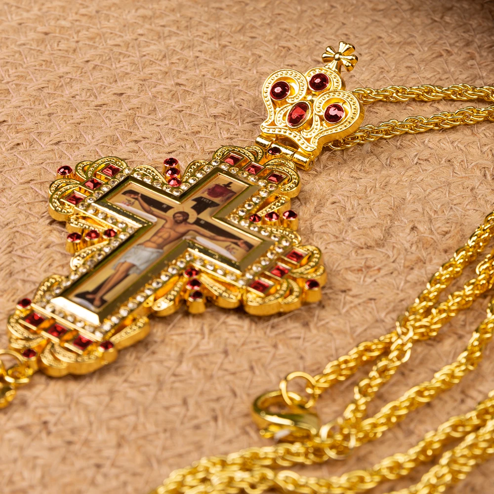 Croix pectorale orthodoxe ornée Panagia pour prêtre ou évêque, en métal doré, avec bijoux, collier crucifix, ensemble cadeau religieux chrétien