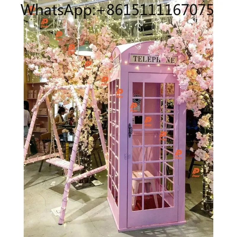 Retro London Telephone Booth With Mailbox Prop, Pink Vintage Photo Decor For Wedding Event