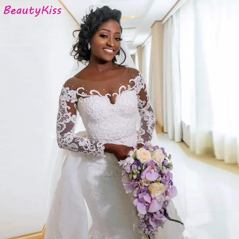African Long Sleeve Mermaid Wedding Dresses Removable Train Arabic Illusion Lace Appliques Beaded Wedding Gowns Plus Size