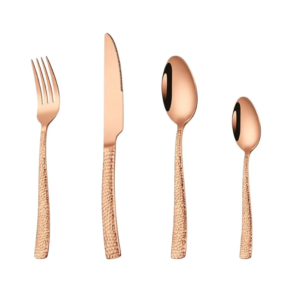 4 Piece Stainless Steel Utensils with Pink Gold Tone Plating and Hammered Handle for Consistent Table Presentation