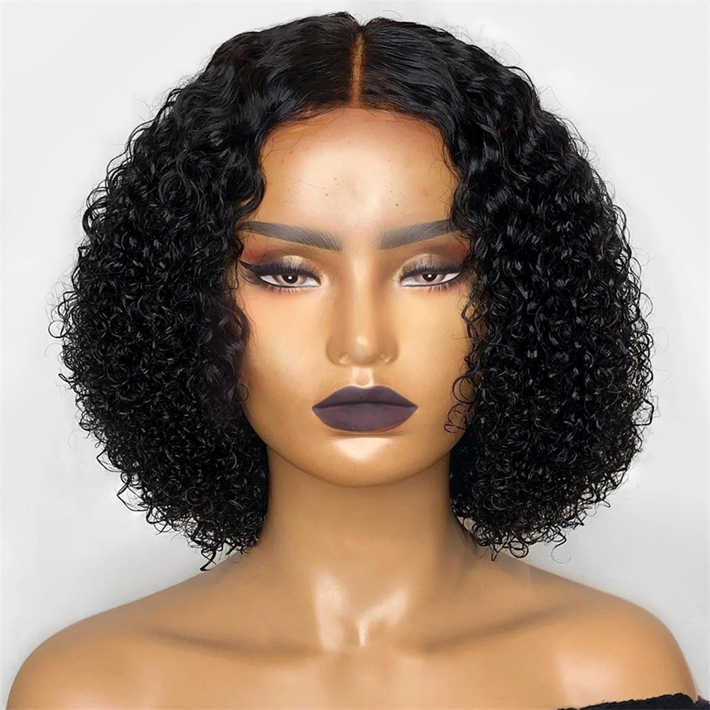 

Black 180 Density Short Bob PrePlucked 16 inch Kinky Curly Lace Front Wigs For African Women Babyhair Deep Glueless Daily