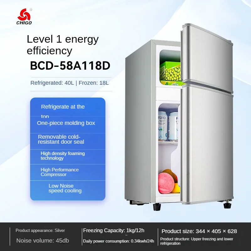 Mini two-door refrigerator for small household rental houses, upper freezing and lower refrigeration dormitory