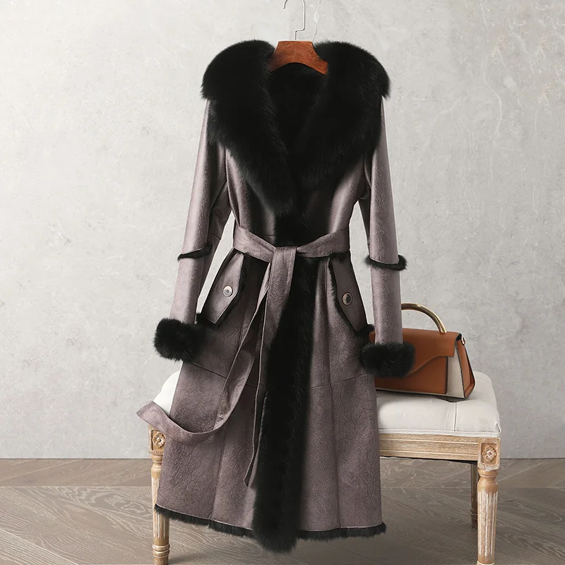 2023 Winter New Rabbit Fur doublefaceleather Coat Women\'s Super Large Fox Fur Collar Medium Long Fur Coat Rabbit Fur Inner Liner