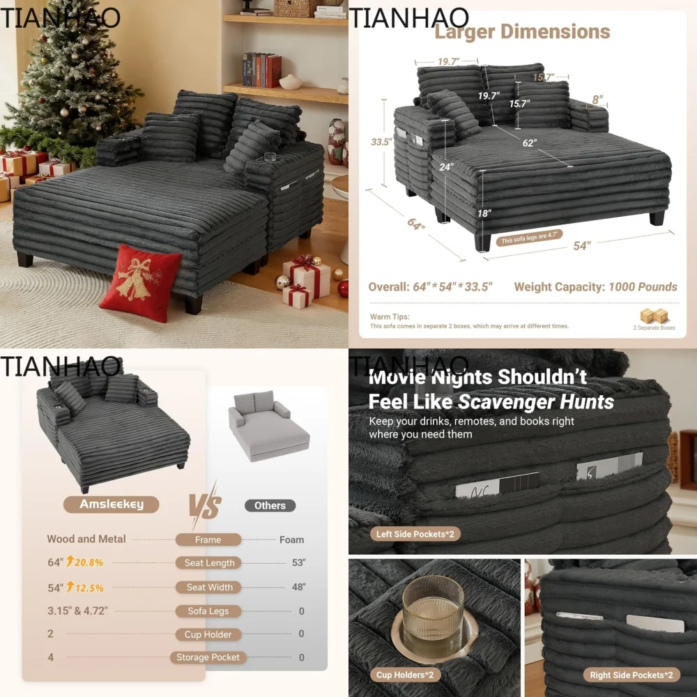 64 Inch Sleeper Sofa Bed for Living Room with Upholstered Wood Frame 4 Storage Pockets 2 Cup Holders Grey Convertible Couch