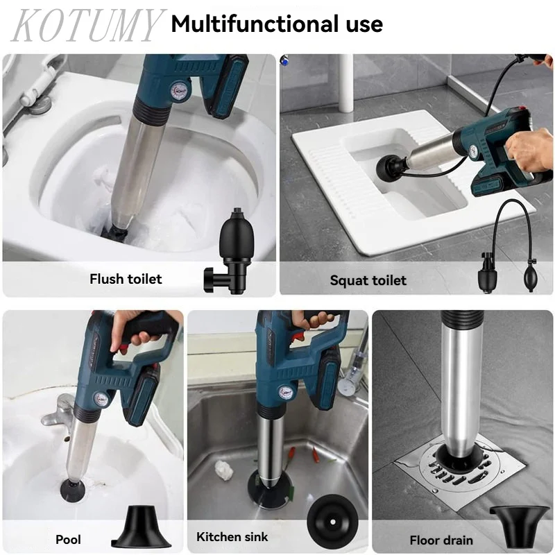 Electric Powerful Toilet Plunger Stainless Steel Pipe Dredger Unblocker Pneumatic High-pressure Dredging Air Drain Blaster Tool