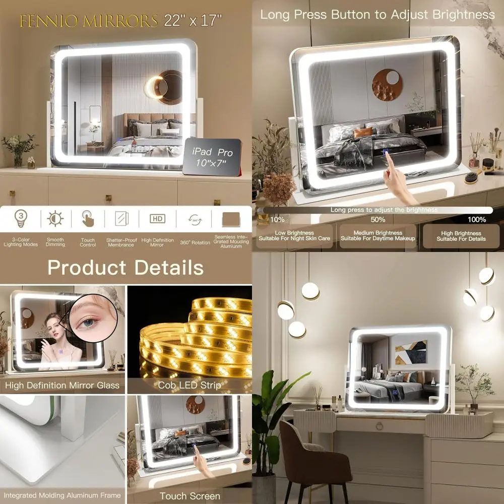 

Illuminated Vanity Mirror, 22x17 LED Touchscreen, 3-Color Adjustable Makeup Mirror for Desk