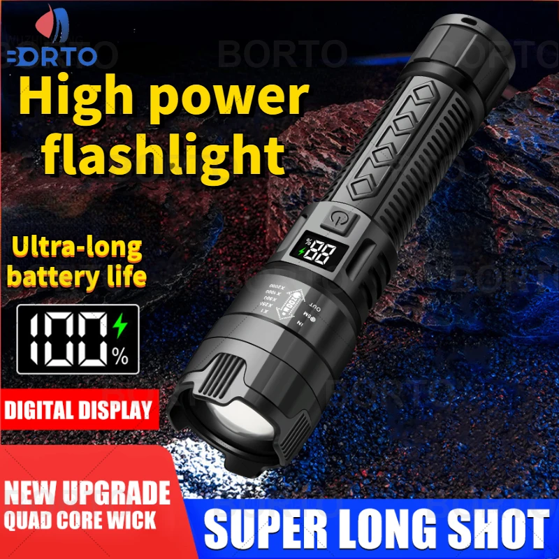 High Power LED Flashlight 3 Modes Type-C Rechargeable Zoom Lantern Built in Battery 100 Meter Outdoor Fishing Tactical Torch