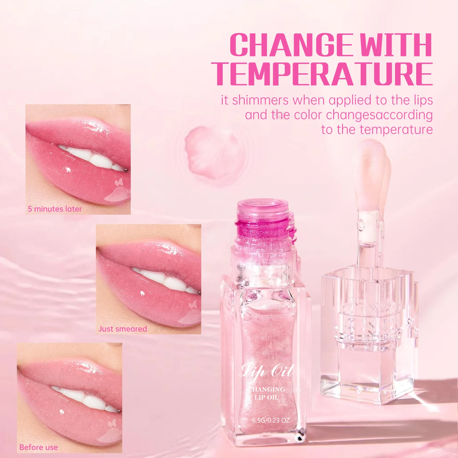 Pink Magic Color Changing Lip Oil 6.5g Temperature-Activated Gloss Moisturizing & Shimmering Lip Balm for Lips Care