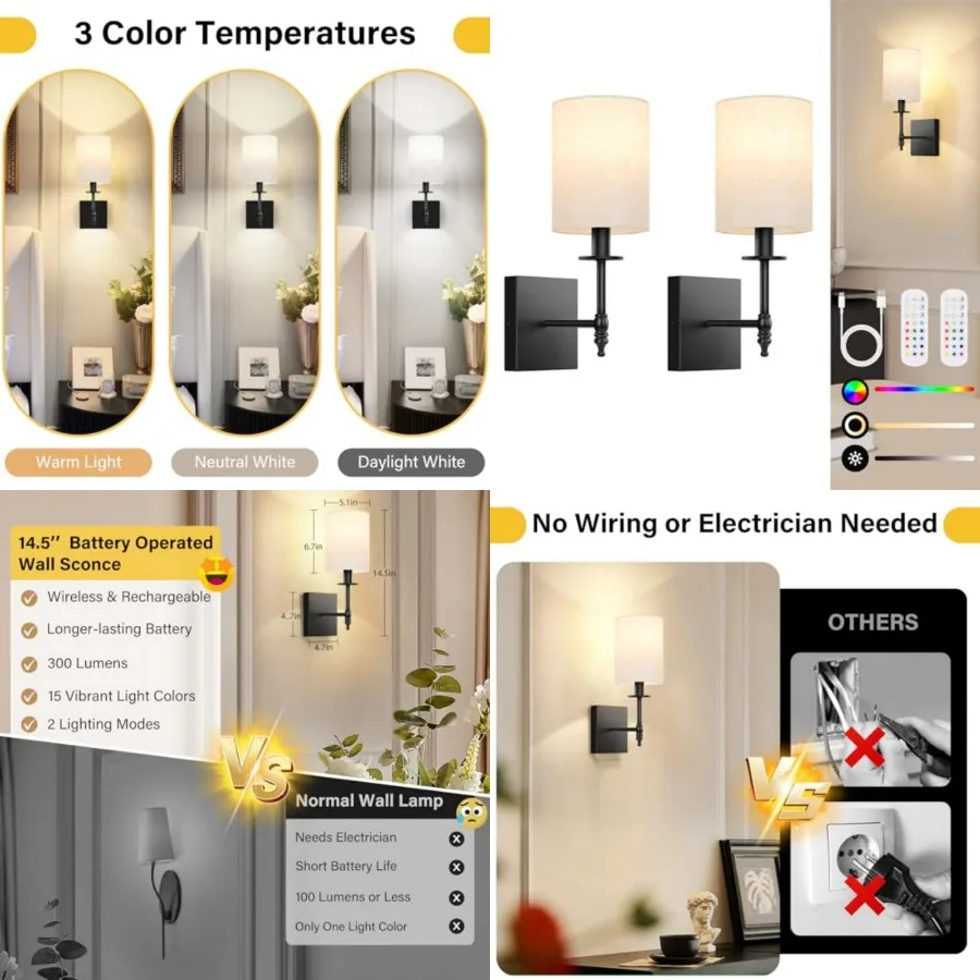 

Battery Operated Wall Sconces Set of 2 with Remote, Rechargeable Wireless Wall Lights with Beige Fabric Shade, door Not Hardwir