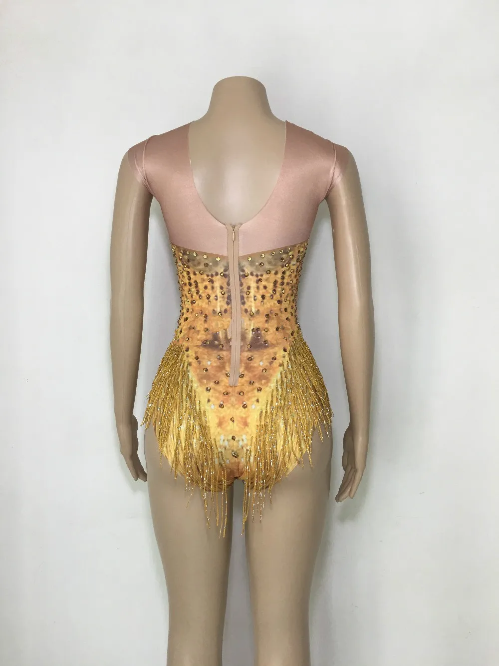 Sexy Nightclub Prom Dancing Costume One-piece Outfit Sparkly Gold Tassel Rhinestones Bodysuit Performance Stage Dance Wear