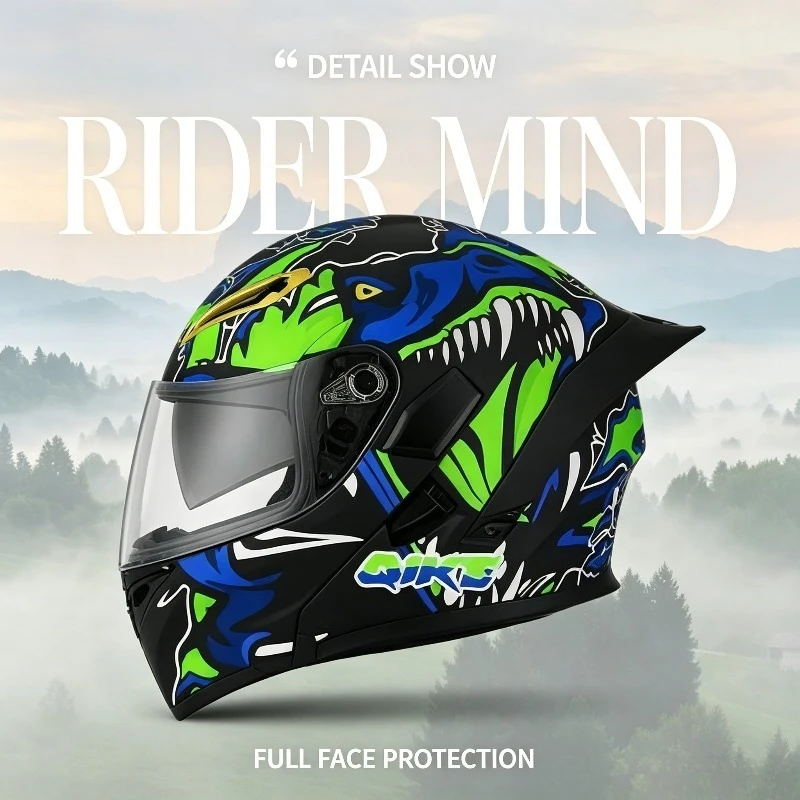 

Matte Black Base Blue Rex Dinosaur Graphic QIKE Flip Modular Motorbike Oversized Rear Spoiler Full Face Racing Helmet