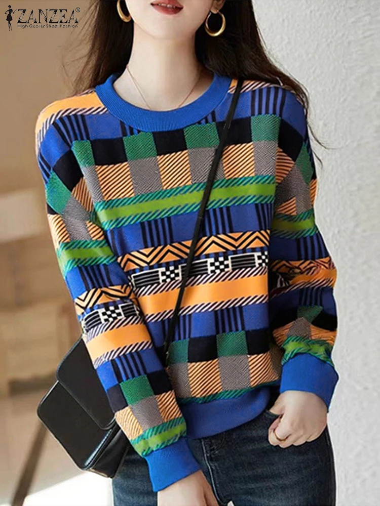 ZANZEA Korean Casual Long Sleeve Tops Women Thin Pullover 2025 Spring Colorful Plaid Print Tees Holiday Y2K T-shirts Clothes