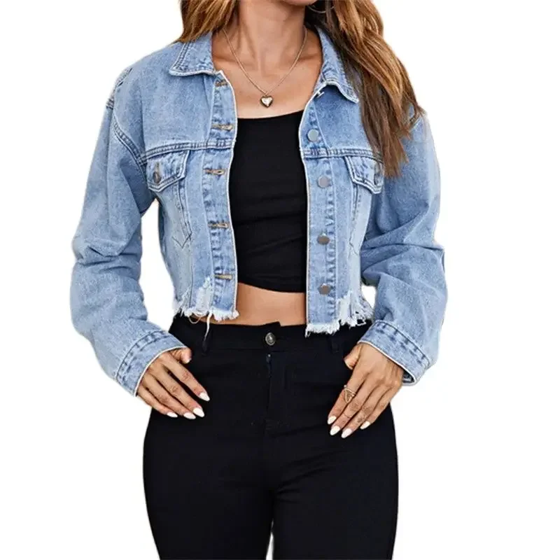 Fashion Broken Holes Tassel Hem Denim Jacket Women Double Pocket Casual Coat Female New Single-breasted Cardigan Short Outerwear