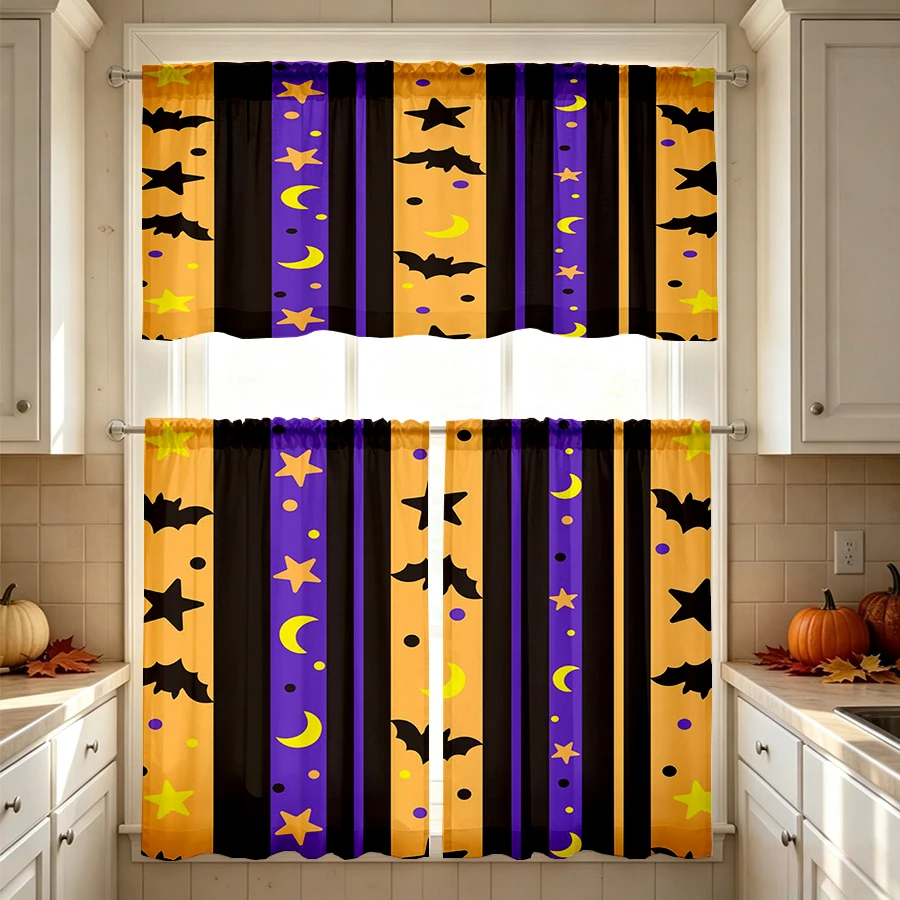Halloween Fall Kitchen Curtains, Skull Cat Tombstone, Digital Print, Kitchen Dining Room, Rod Pocket Polyester, Home Decor