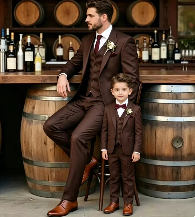 Men Boys Family Matching Burgundy Suit 3 Pieces Vest Jacket Pants Slim Wedding Prom Groom Tuxedo Father Son Formal Outfits